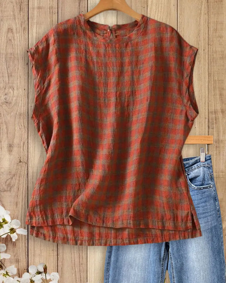 Cap Sleeve Plaid Round Neck Keyhole Back Loose Blouse