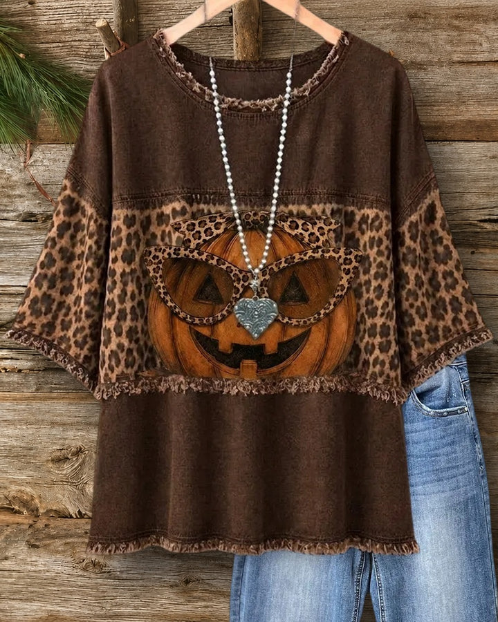 Round Neck Pumpkin Graphic Leopard Print Frayed Trim T-shirt