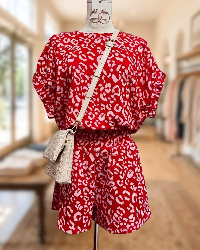 Short Sleeve Leopard Print Elastic Waist Casual Pant Suit