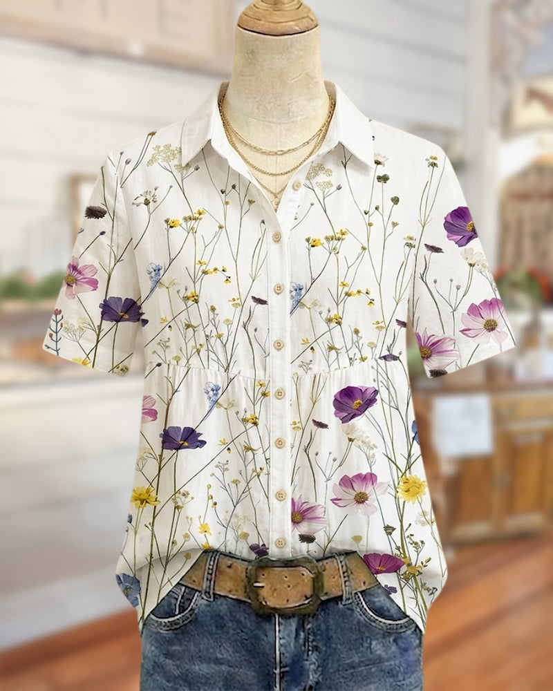 Collared Short Sleeve Button Front Gathered Solid Color Blouse