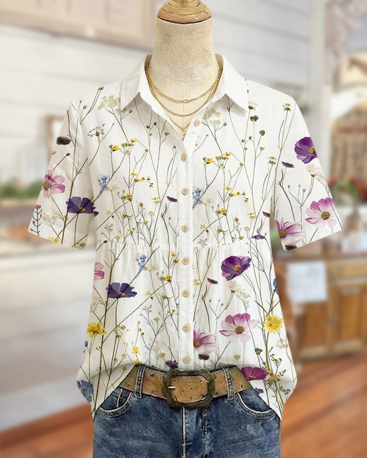 Collared Short Sleeve Button Front Gathered Solid Color Blouse