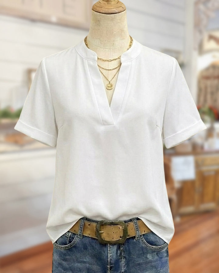 Solid Color V Neck Short Sleeve Casual Blouse