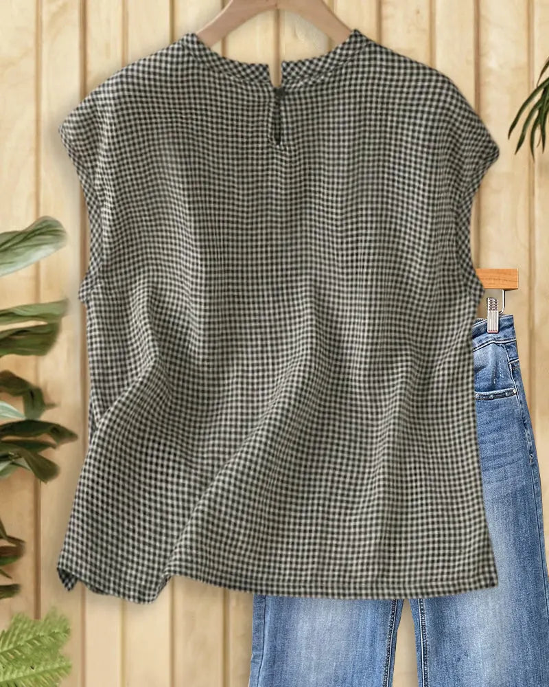 Gingham Print Loose Casual Short Sleeve Keyhole Back Blouse