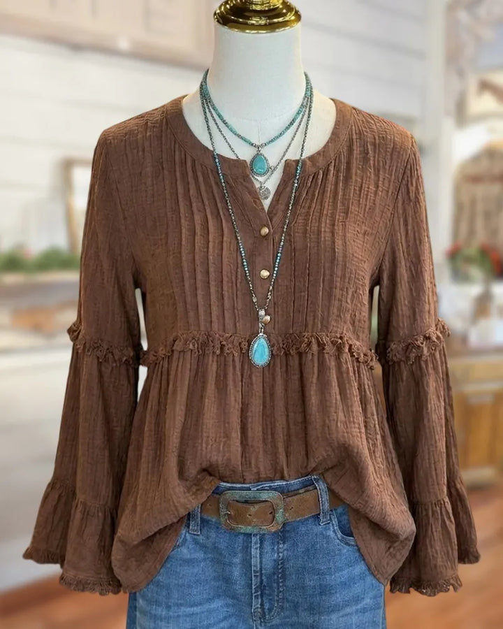 Ruffled Tiered Bell Sleeve Pleated Button Front Casual Blouse