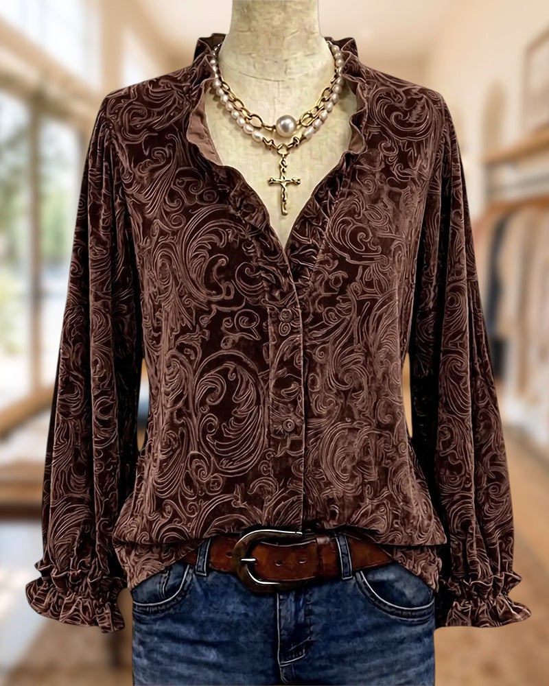 Paisley Ruffle Trim Button Velvet Blouse