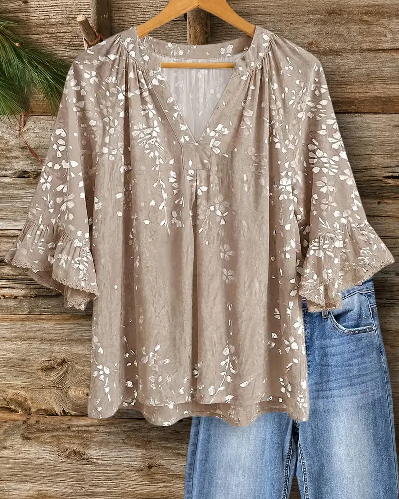 Floral Print V Neck Ruffle Sleeve Cozy Flowy Blouse