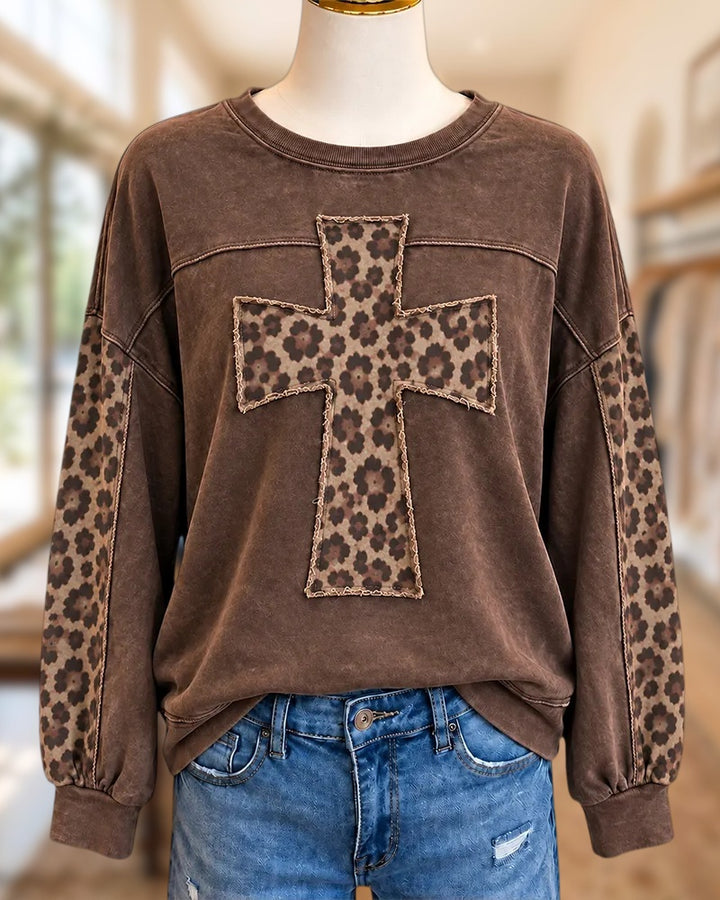 Leopard Cross Applique Crew Neck Long Sleeve Sweatshirt