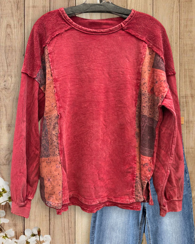 Patchwork Long Sleeve Exposed Seam Round Neck Casual Sweatshirt