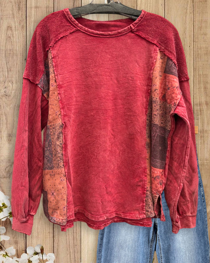 Patchwork Long Sleeve Exposed Seam Round Neck Casual Sweatshirt