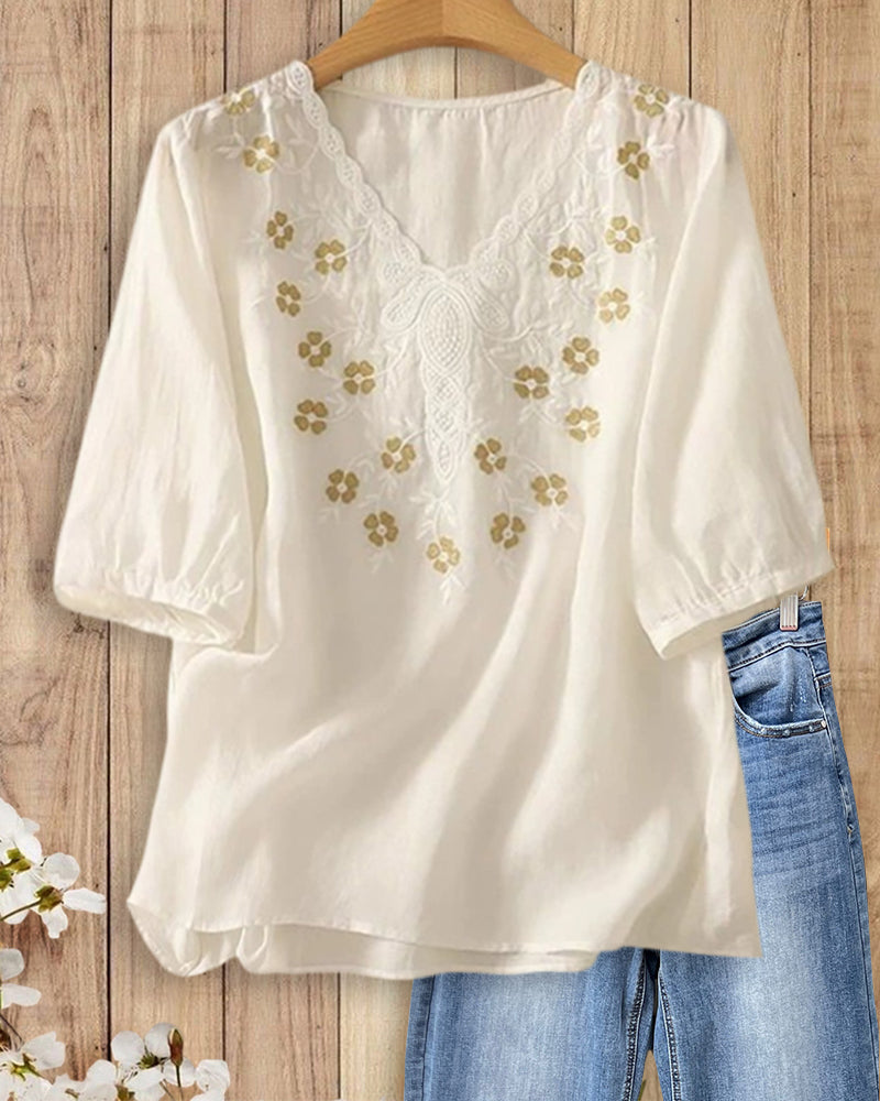 V Neck Floral Embroidered Half Sleeve High Low Hem Blouse