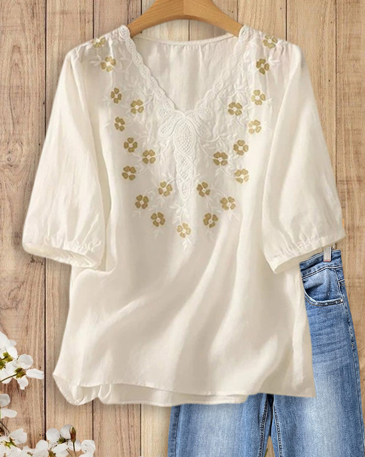 V Neck Floral Embroidered Half Sleeve High Low Hem Blouse