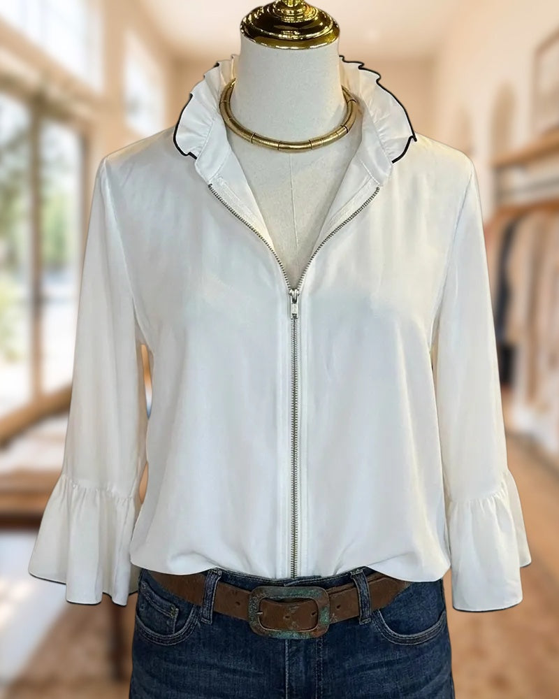 Contrast Piping Ruffled Collar Zip Front Flare Sleeve Blouse