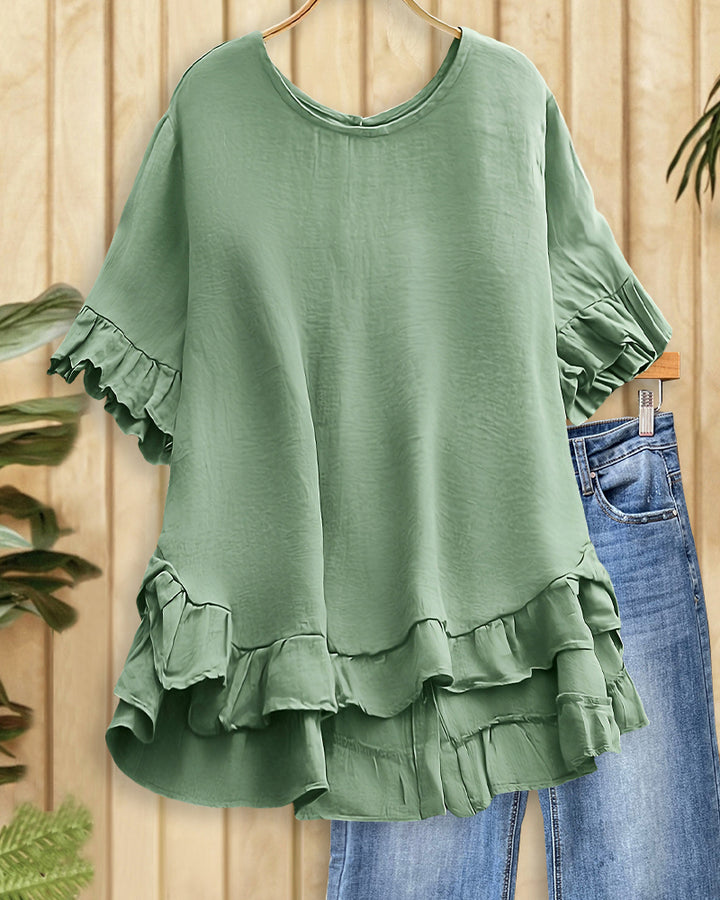 Solid Color Ruffled Classic High Low Blouse