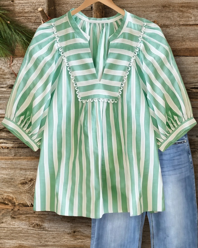 Striped V Neck Circle Trim Chic Blouse