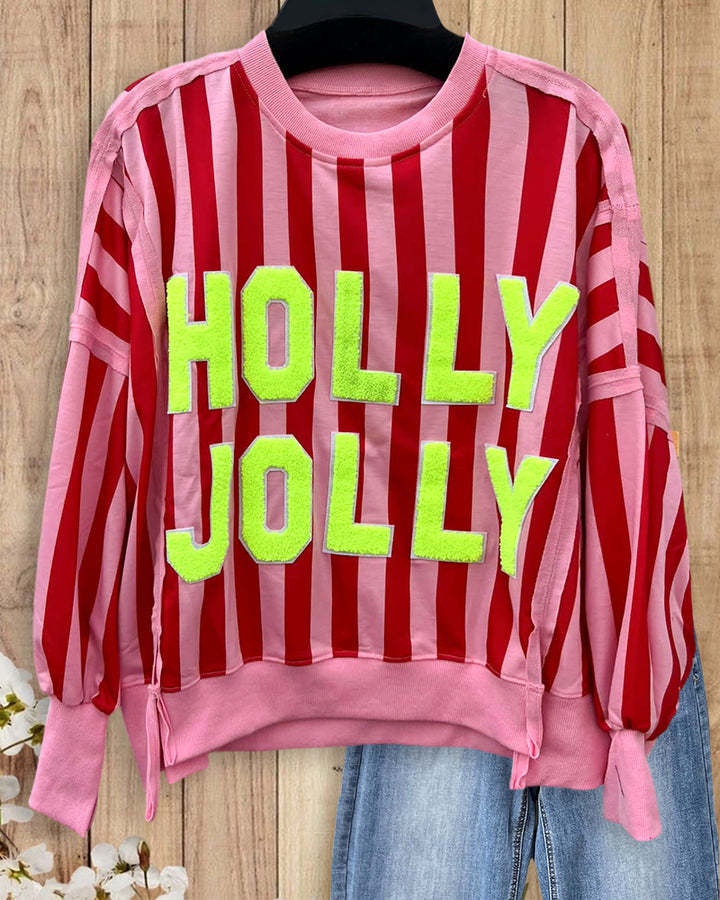 Striped Chenille Letter Applique Playful Sweatshirt With Side Slits