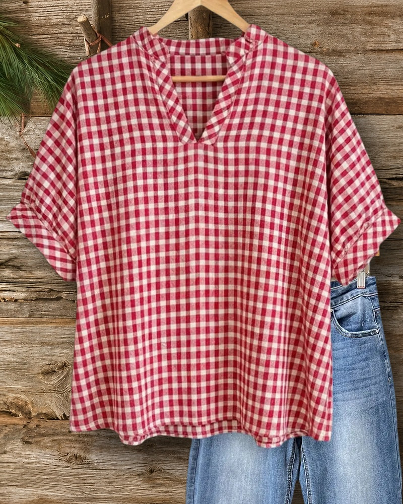 Casual Gingham Plaid V Neck Loose Short Sleeve Blouse