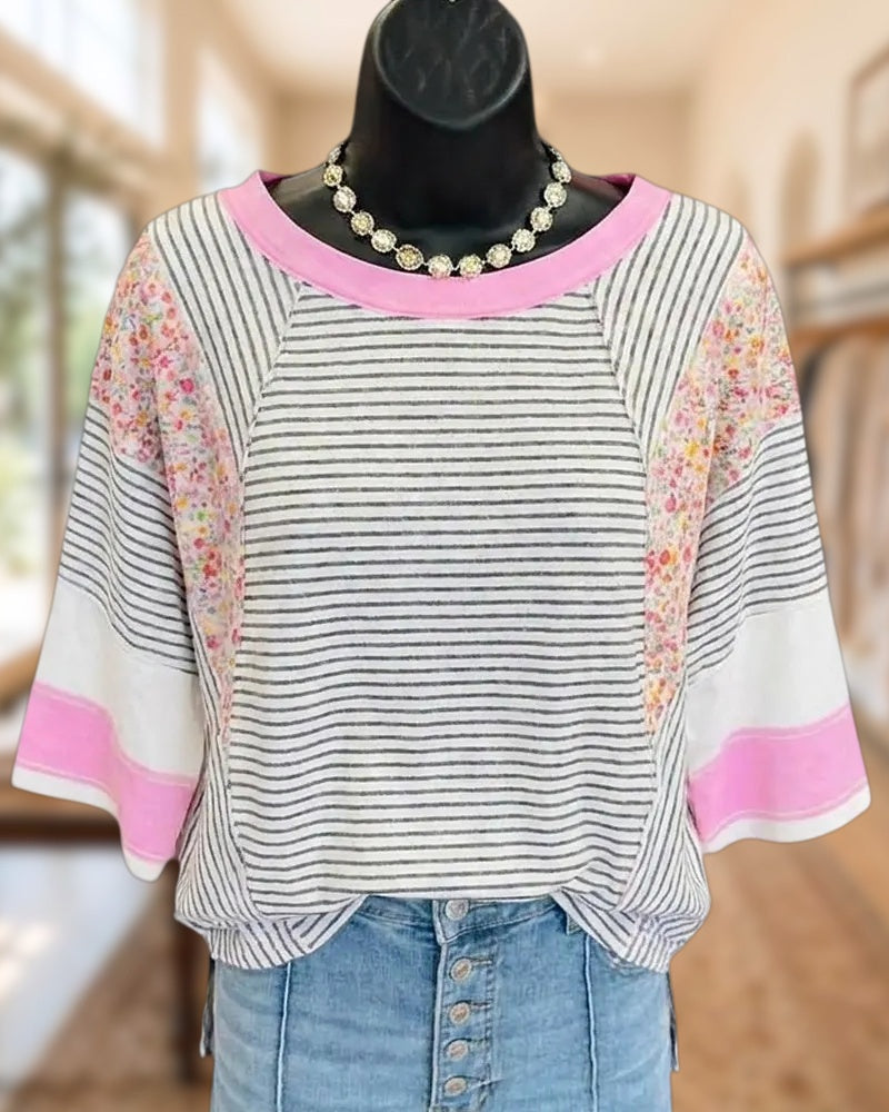 Striped Floral Patchwork Contrast Trim Raglan Sleeve Casual T-shirt