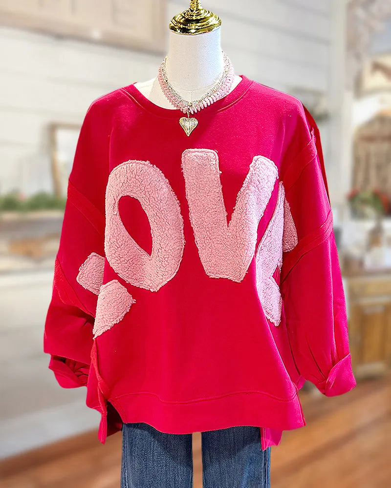 Valentine's Day Letter Applique Dropped Shoulder Long Sleeves Round Neck Pretty Sweatshirt