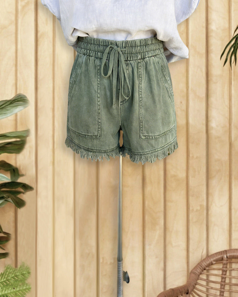 Solid Color Denim Casual Drawstring Frayed Shorts