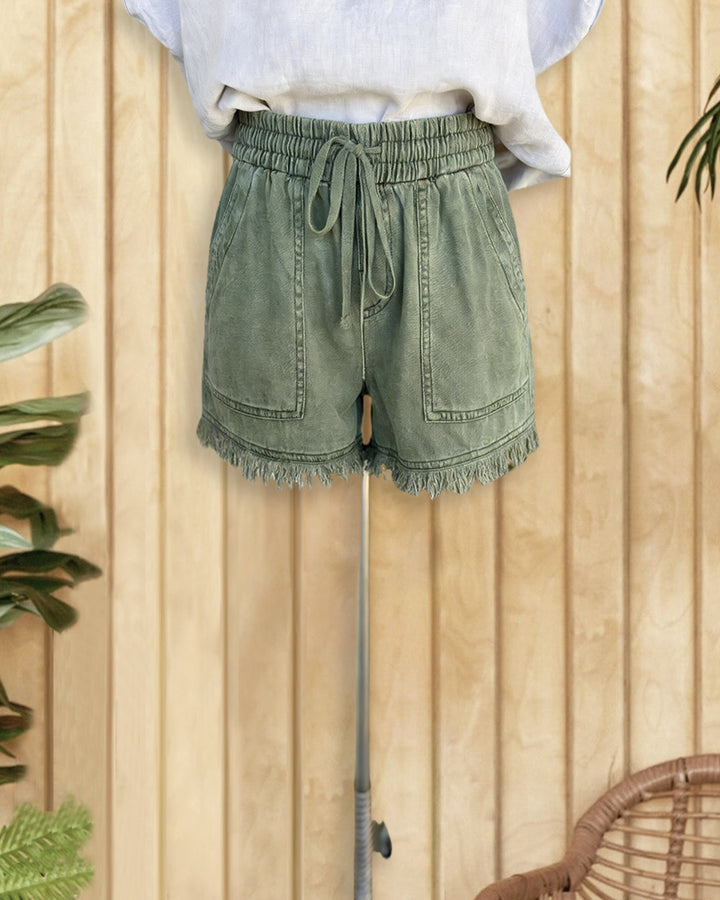Solid Color Denim Casual Drawstring Frayed Shorts