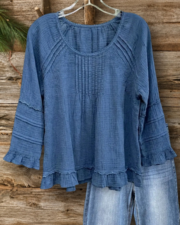 Pleated Detail Ruffle Trim Flare Sleeve Blouse