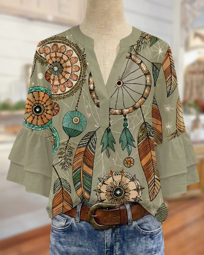 Boho Print V Neck Tiered Flare Sleeve Casual Blouse
