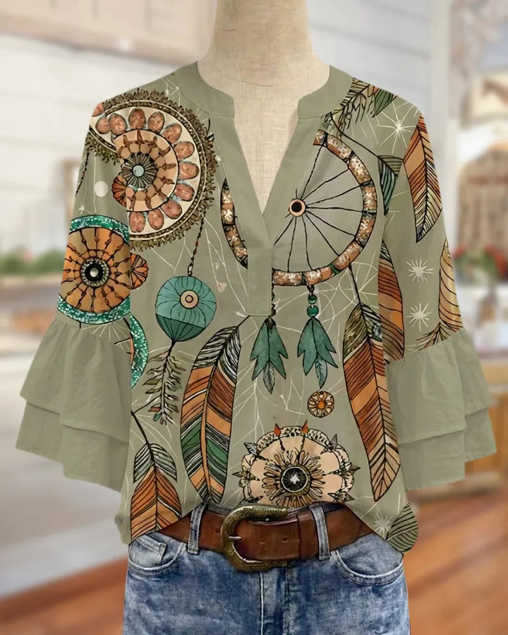 Boho Print V Neck Tiered Flare Sleeve Casual Blouse