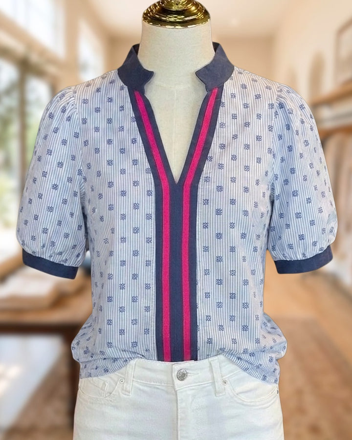 V Neck Contrast Trim Puff Sleeve Striped & Floral Print Urban Blouse