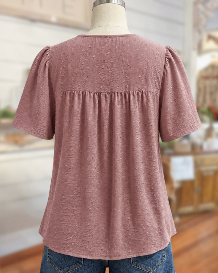 Lace Trim Swiss Dot Short Sleeve Ruched Bust Casual Blouse