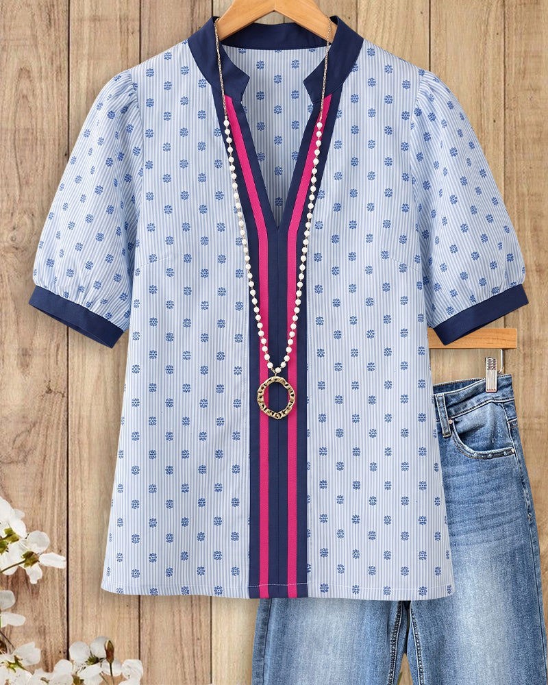 V Neck Contrast Trim Puff Sleeve Striped & Floral Print Urban Blouse