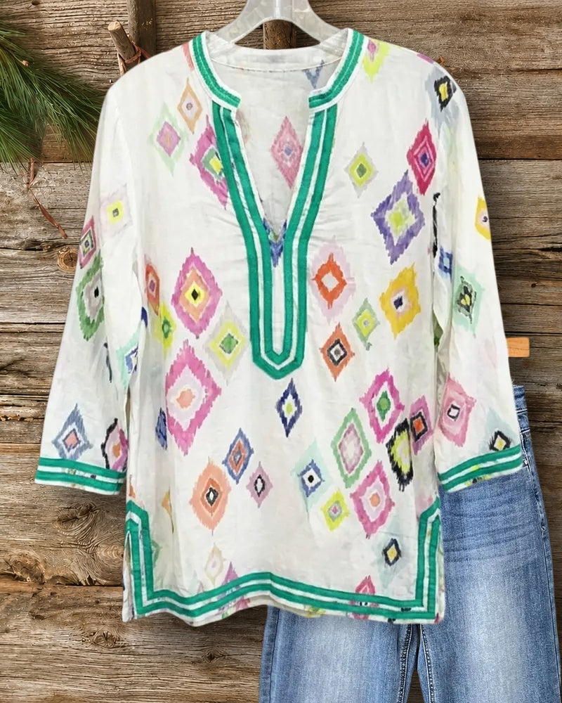 Contrast Trim Ikat Print Split Neck 3/4 Sleeve Blouse