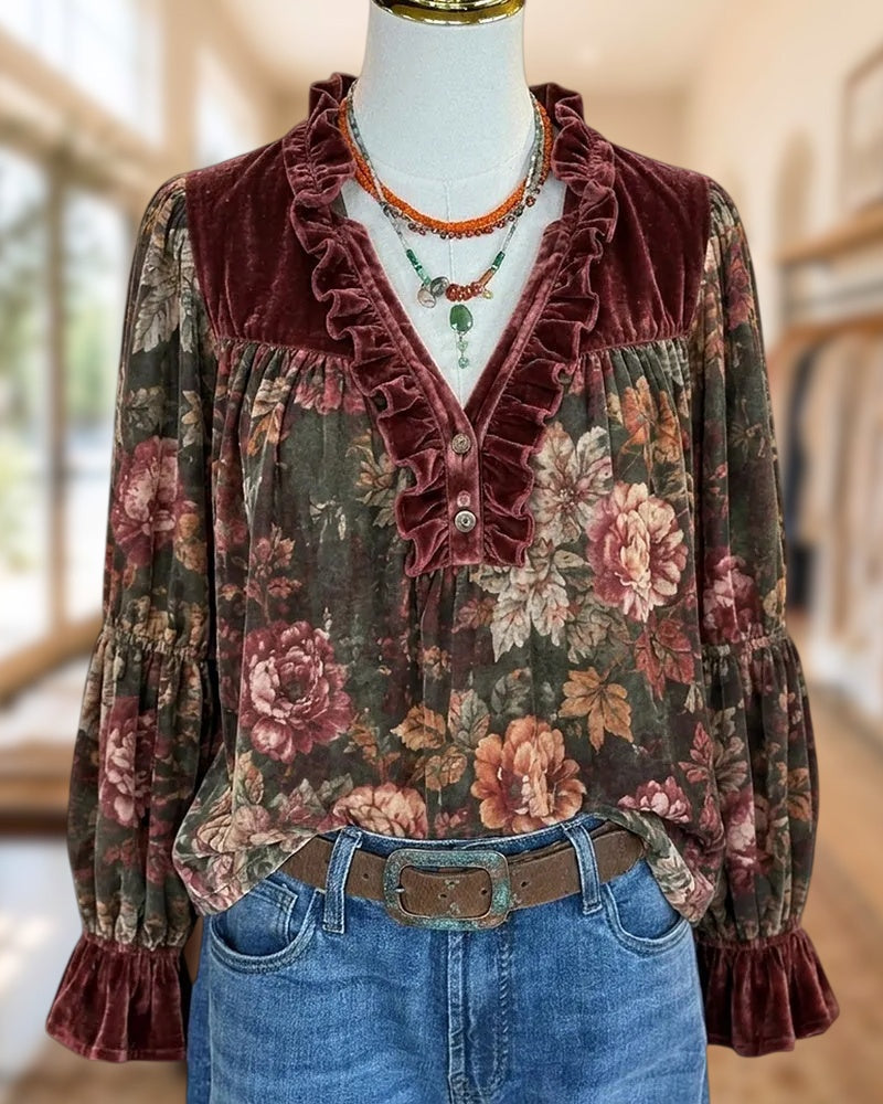 Velvet Floral Print Ruffled V Neck Flare Sleeve Blouse