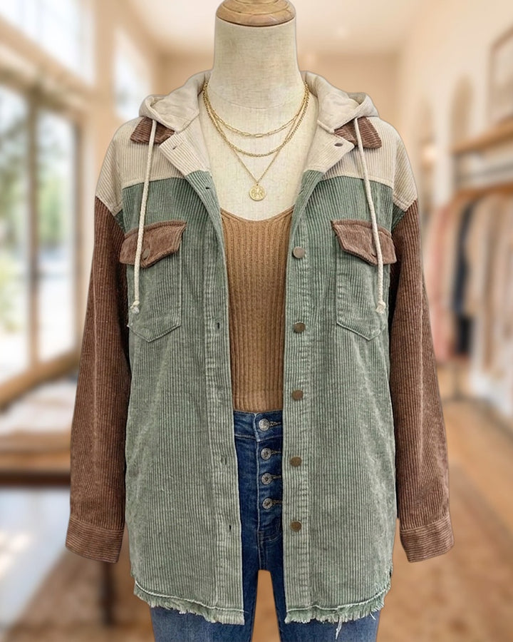 Hooded Color Block Frayed Hem Button Front Casual Jacket