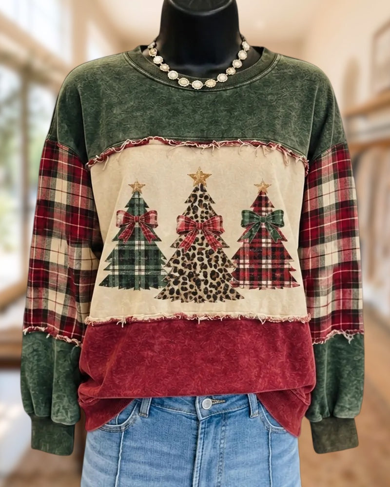 Christmas Tree Print Patchwork Frayed Trim Long Sleeve Sweatshirt