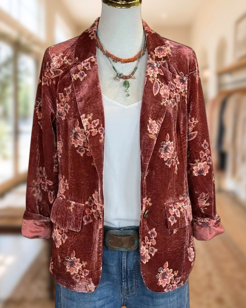 Floral Print Velvet Lapel Flap Pocket Cuffed Sleeve Blazer