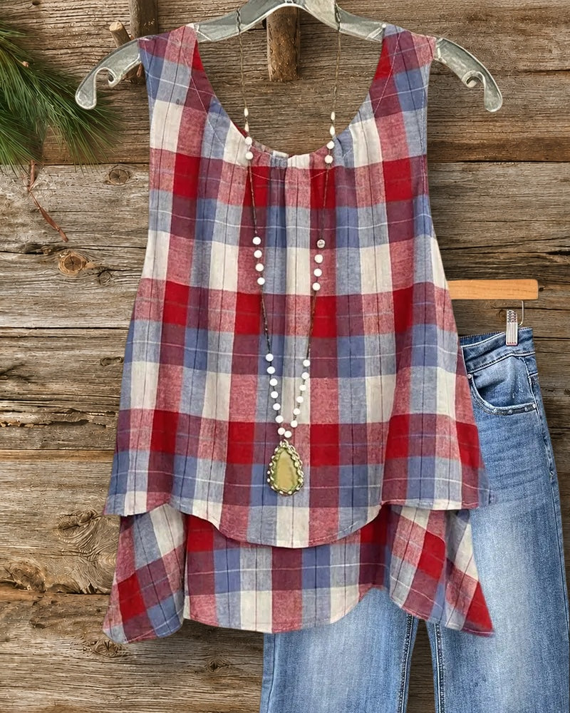 Plaid Casual Sleeveless Layered Blouse