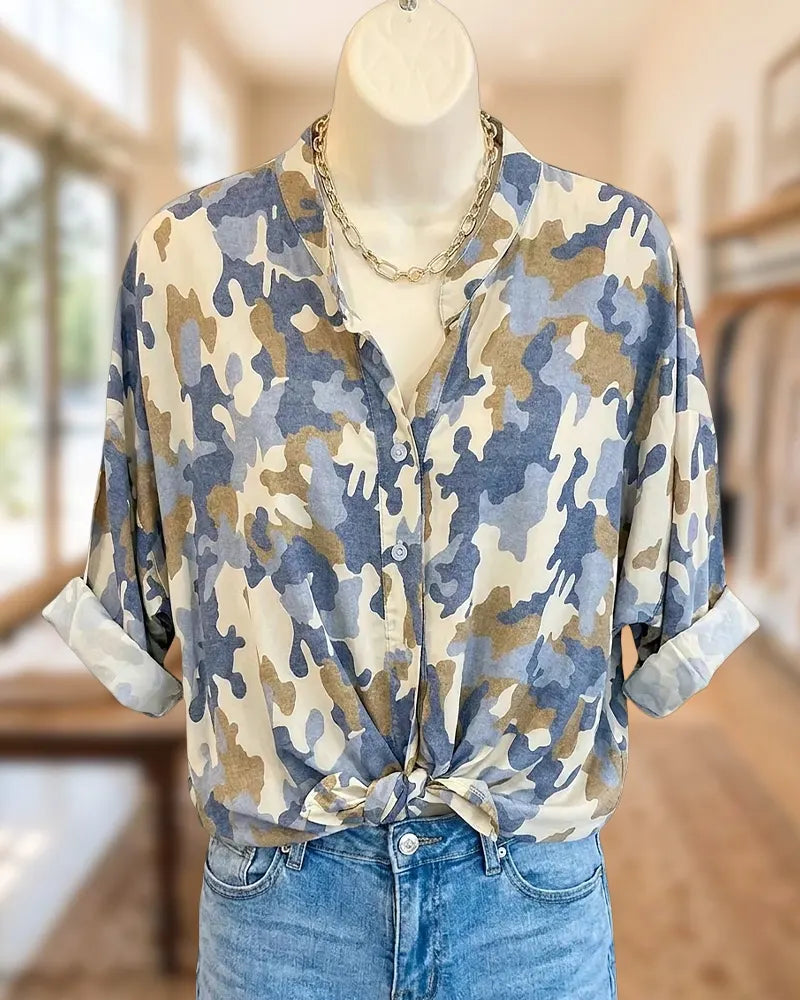 Camo Print V Neck Button Front Long Sleeve Commuting Blouse