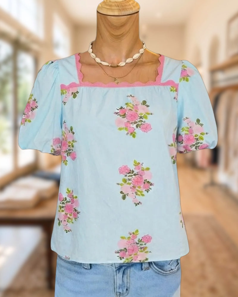Floral Print Puff Sleeve Square Neck Scallop Trim Blouse