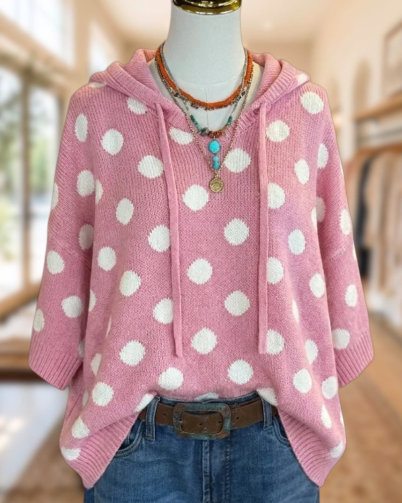 Polka Dot Hooded Drawstring Half Sleeve Loose Fit Knit Sweater