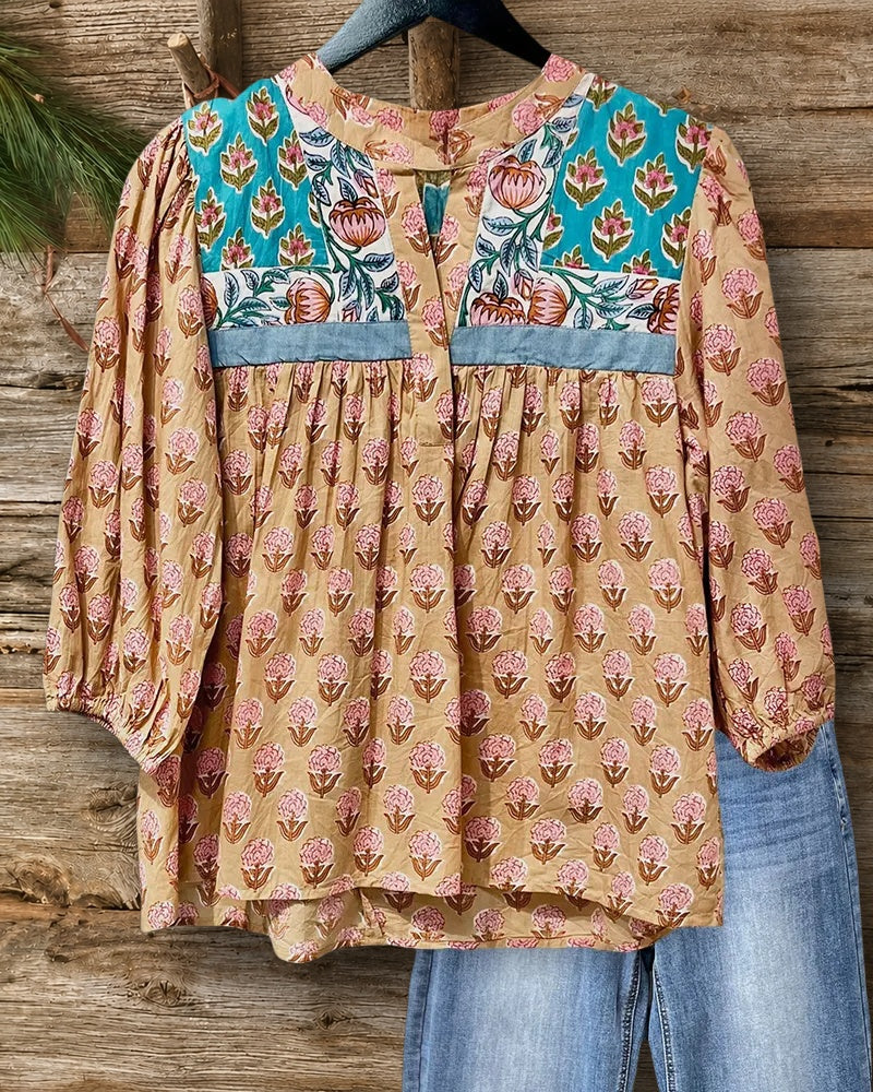 Split Neck Block Print Contrast Panel Gathered 3/4 Sleeve Blouse