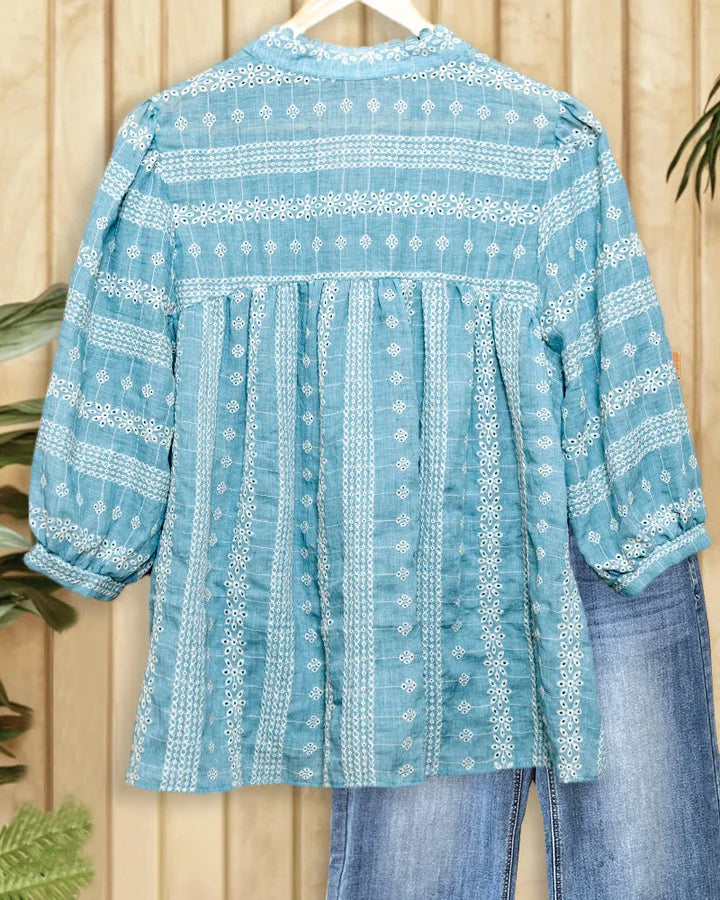 Playful Floral Embroidery Scalloped Trim V Neck Blouse