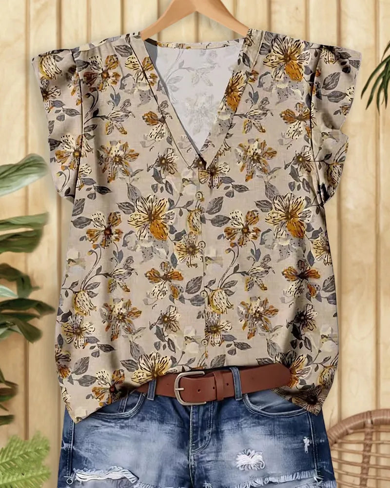 Ruffle Trim V Neck Textured Flutter Sleeve Casual Blouse