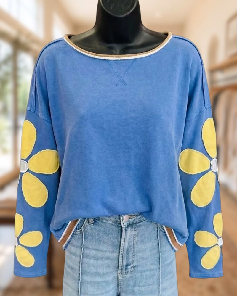 Boat Neck Floral Applique Loose Long Sleeve Casual Sweatshirt