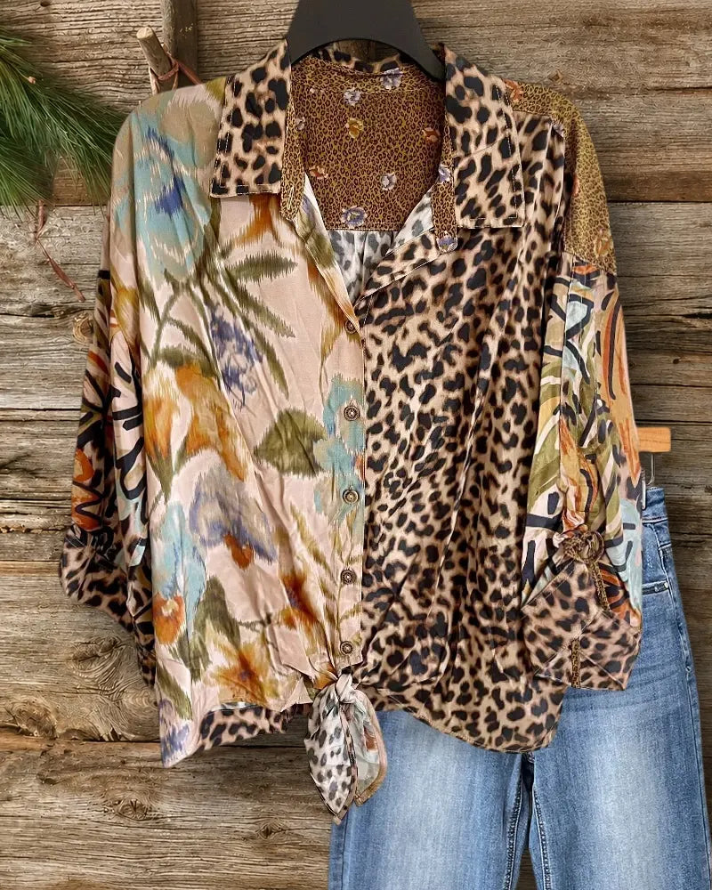 Mixed Print Collared Roll Tab Tie Front Casual Shirt