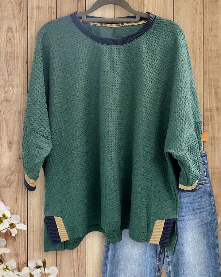 Crew Neck Contrast Trim Drop-Shoulder Side Slit Loose Sweatshirt