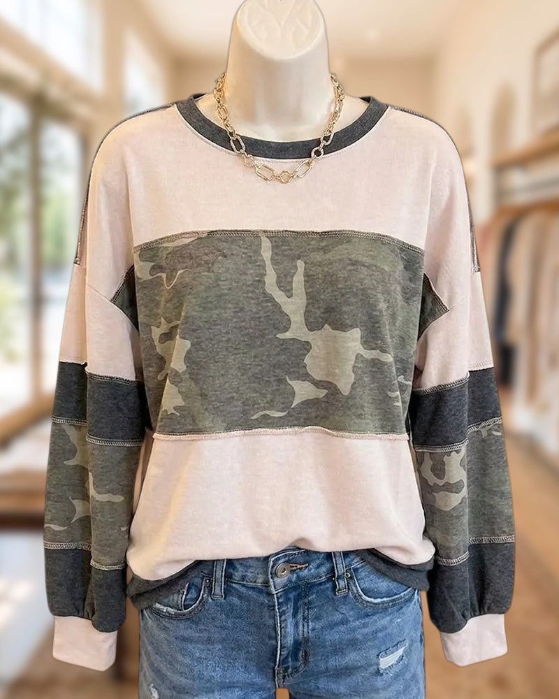 Camo Color Block Exposed Stitch Long Sleeve Casual Sweatshirt