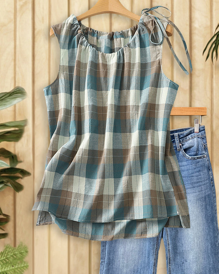 Plaid Cozy Round Neck Drawstring Sleeveless Shirt