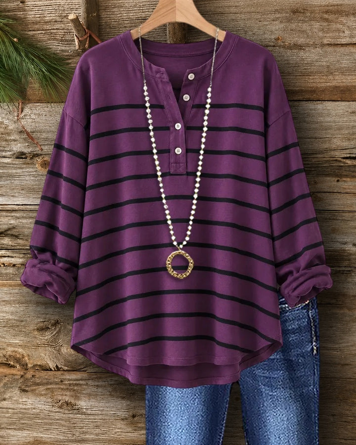 Striped Button Placket Curved Hem Top