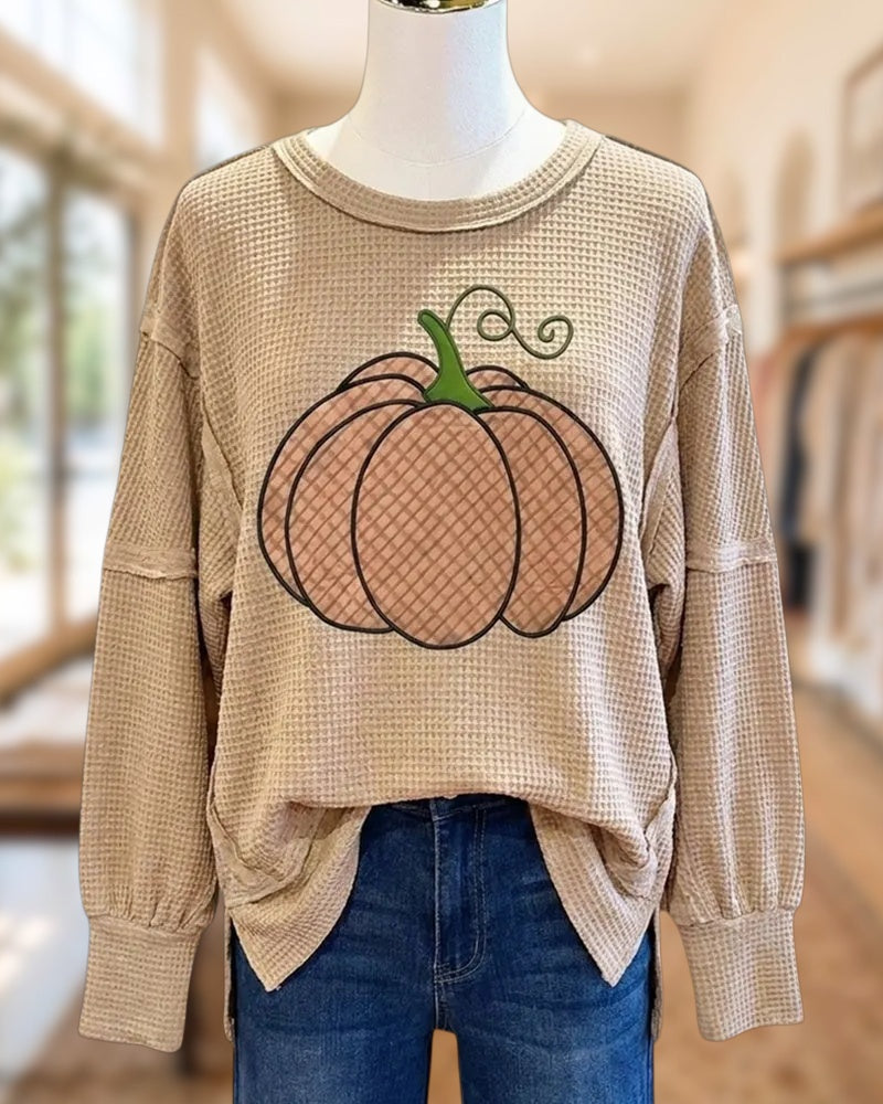 Waffle Knit Pumpkin Applique Long Sleeve Side Slit Casual Top