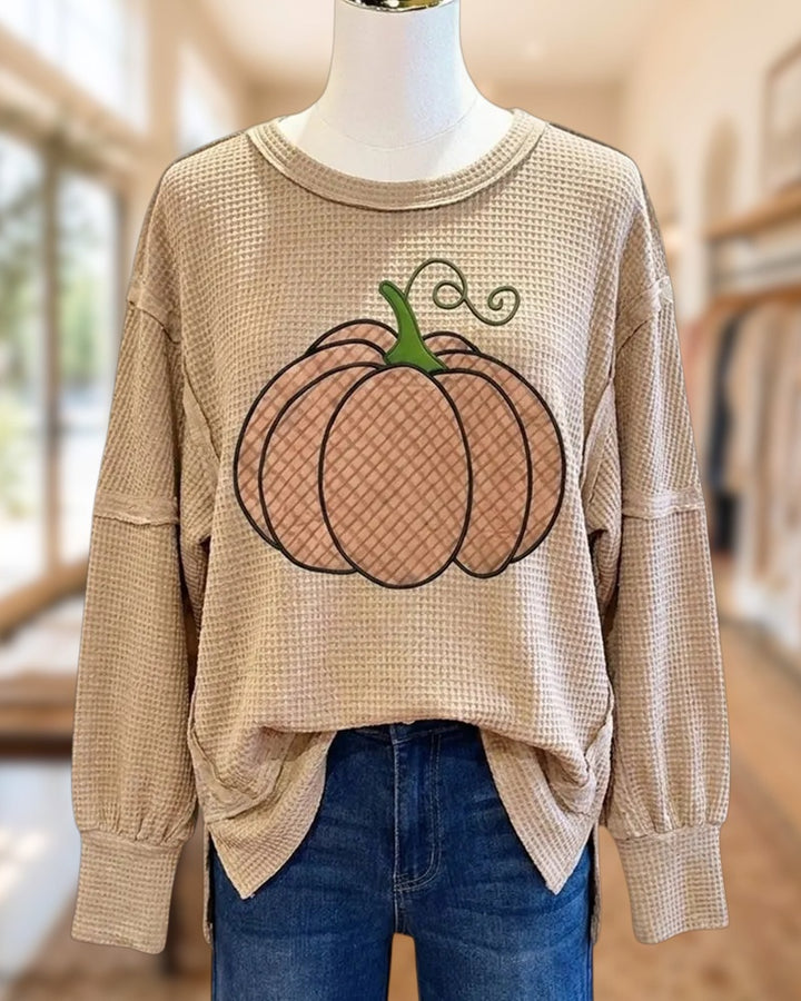 Waffle Knit Pumpkin Applique Long Sleeve Side Slit Casual Top